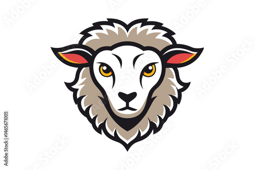 Frontfacing sheep head logo showcases white face with woolly beige fur around it