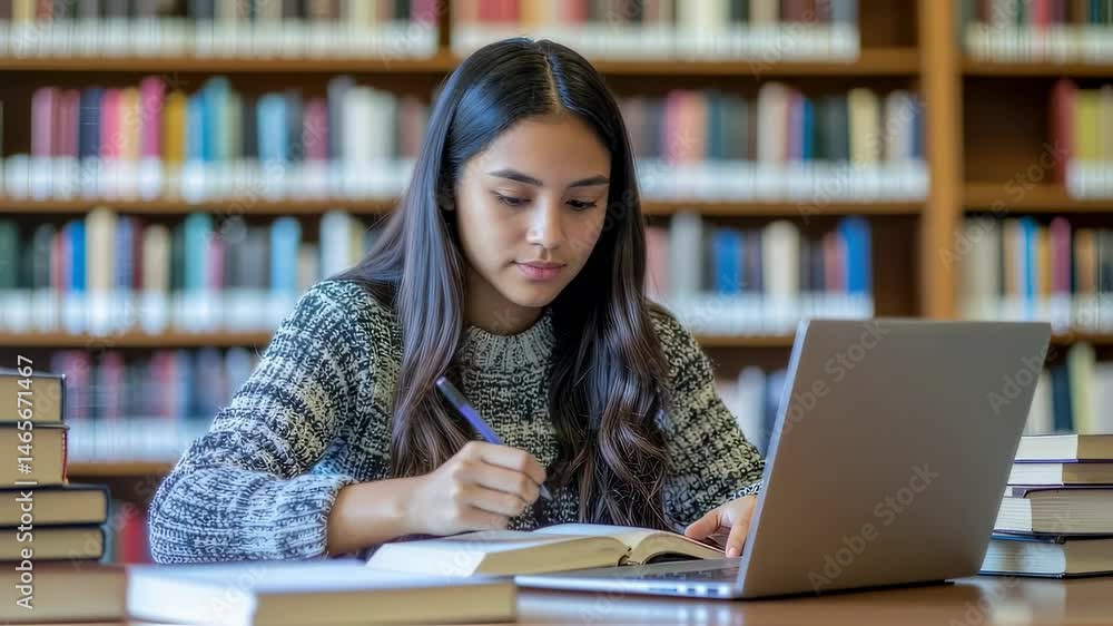 Young Woman Studying at Library Desk with Textbooks and Laptop in Classic Academic Setting
Young Woman Studying at Library Desk with Textbooks and Laptop in Classic Academic Setting