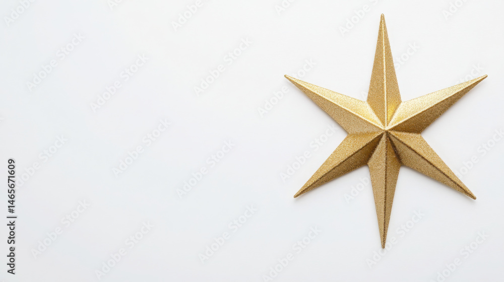 Glittering golden star ornament on minimalist white background for holiday decoration and design Glittering golden star ornament on minimalist white background for holiday decoration and design