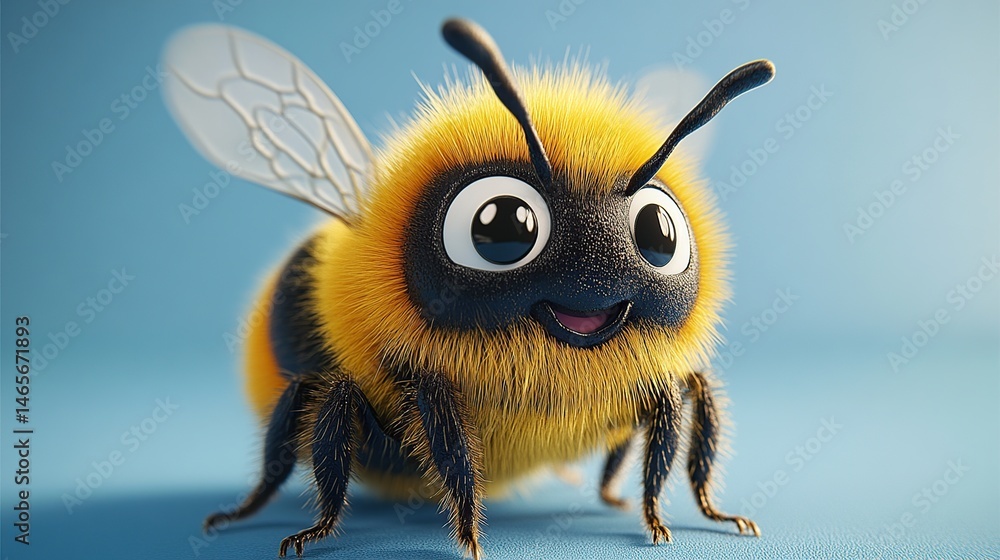 Fototapeta premium Cute cartoon bee with big eyes and fluffy fur