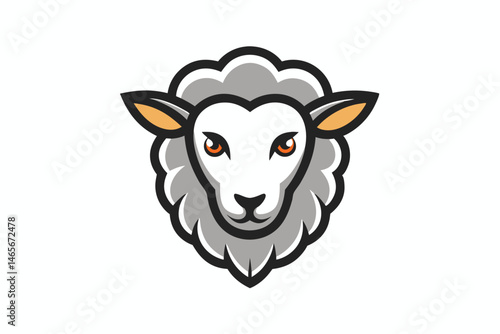 Isolated sheep head with orange eyes and outlined wool is on white