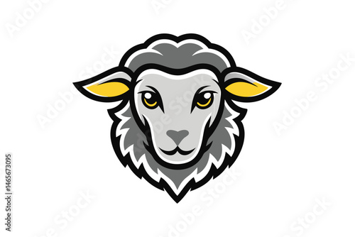 Cartoon sheep with gray wool and yellow ears stares forward confidently in vector