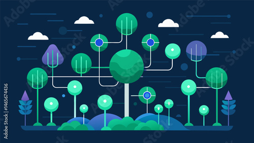 A digitized forest where the trees are made up of interconnected data sets and users can freely wander through the data ecosystem.. Vector illustration