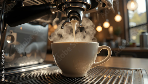 The process of making espresso coffee using a modern coffee machine in a coffee shop.