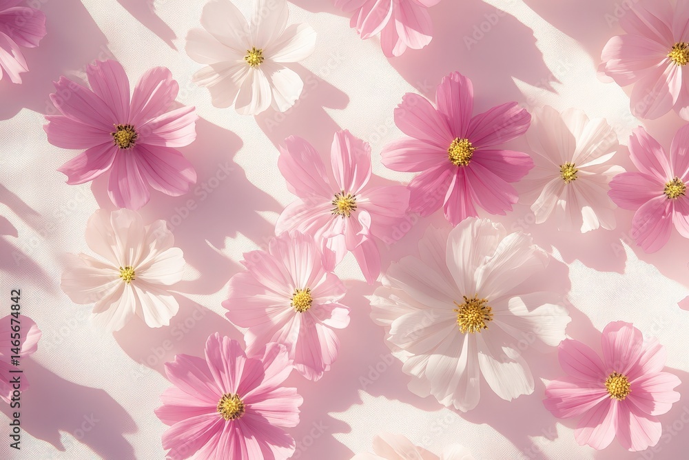 Delicate pink and white cosmos flowers arranged on a light background. Delicate pink and white cosmos flowers arranged on a light background.
