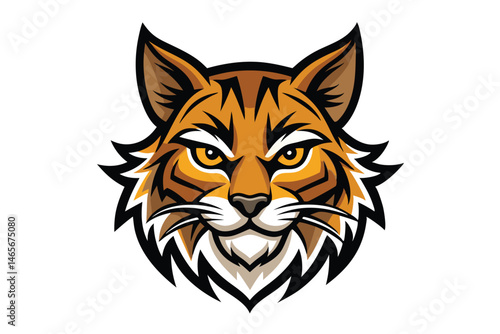 Cartoon bobcat with yellow eyes showcases its ferocious face on a white backdrop