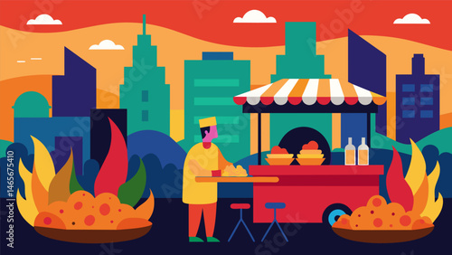 A vibrant and bustling atmosphere filled with the hustle and bustle of the city and the delicious smells of sopes and gorditas cooking over an open flame at this stand.. Vector illustration