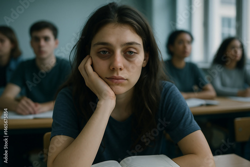 Tired student girl in classroom. Need to sleep, big dark circles