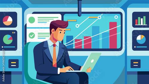 A business professional riding the subway personalizing their augmented reality data settings to display realtime stock market updates and news headlines.. Vector illustration