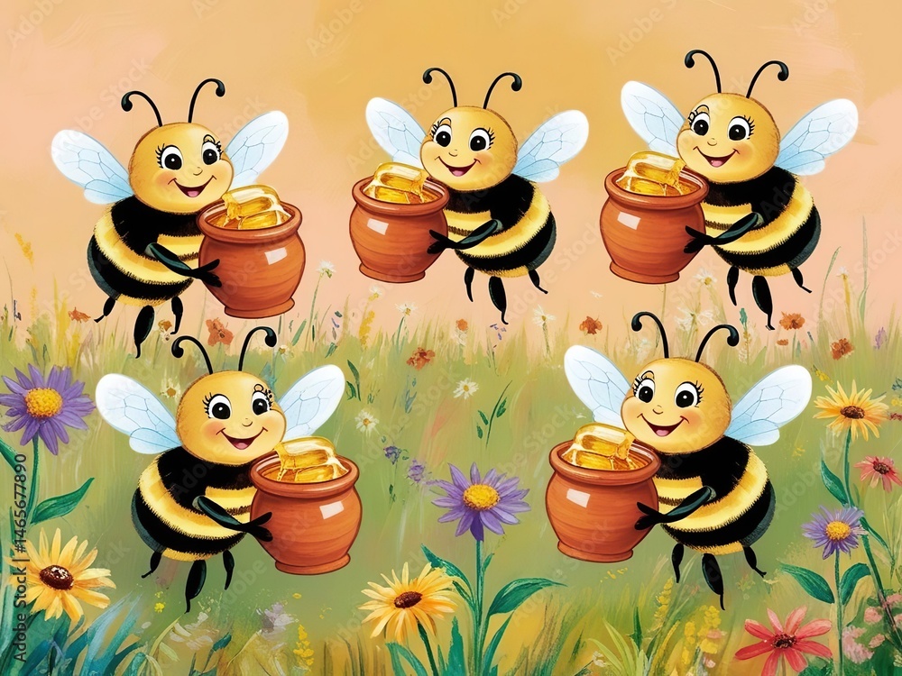 Naklejka premium A cheerful illustration of cartoon bees gathering honey in a blooming meadow, with colorful flowers and pots of golden honey. Perfect for projects related to nature, bees, honey and children's content