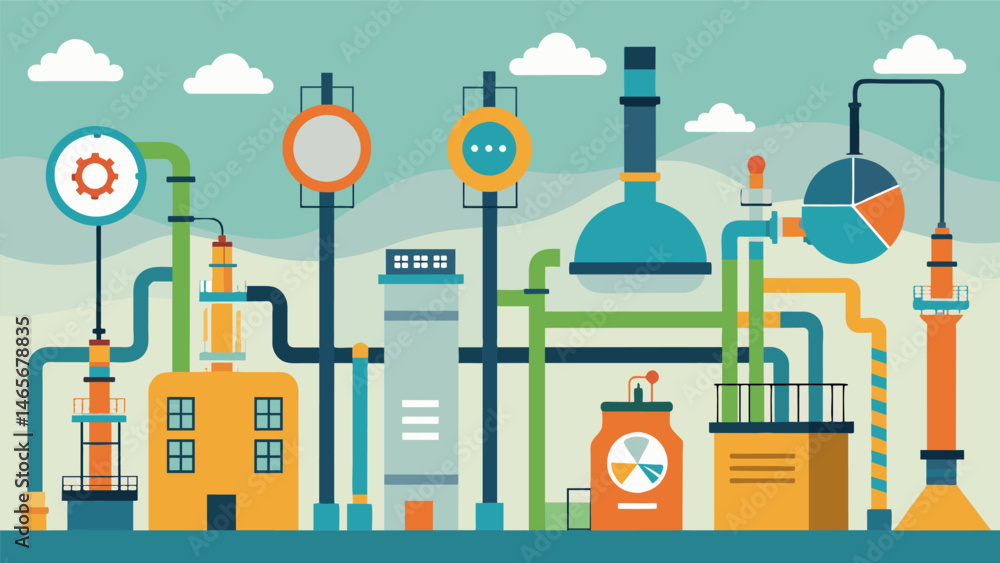 A chemical refinery utilizes predictive maintenance to monitor the performance of their pumps and valves identifying potential issues before they cause costly shutdowns.. Vector illustration A chemical refinery utilizes predictive maintenance to monitor the performance of their pumps and valves identifying potential issues before they cause costly shutdowns.. Vector illustration
