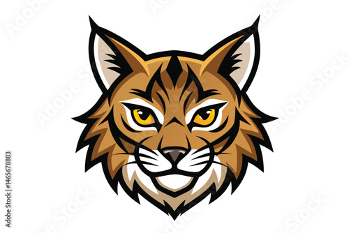 A fierce mascot head shows a tan and brown bobcat with golden eyes