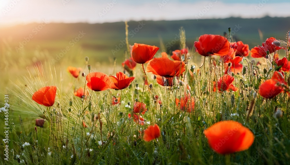 Fototapeta premium blooming poppies with bold red petals in lush green grass wild poppies flowers vibrant spring countryside landscapes natural summer floral background