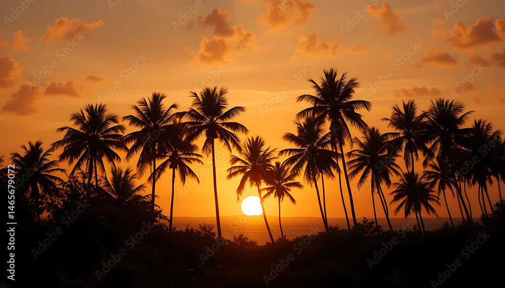 Sunset behind coconut palm trees creates a serene tropical atmosphere on a calm evening Sunset behind coconut palm trees creates a serene tropical atmosphere on a calm evening
