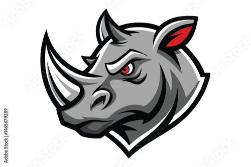 Gray rhino mascot with intense red eyes stares forward on a clean white background