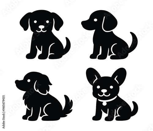 Black Dog Silhouettes, Puppy Clipart, Pet Icons, Minimalist Canine Vector Art