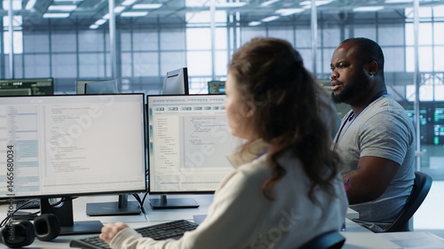 Employee sitting next to african american coworkers in data center doing checkup on electronics to avoid downtime. Engineer and colleagues supervising server room infrastructure components, camera A
