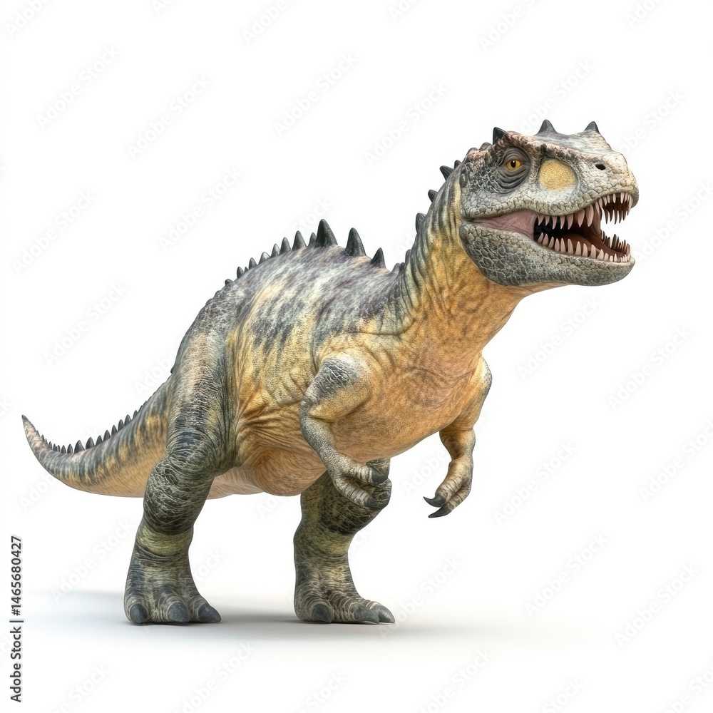 A ferocious, prehistoric theropod dinosaur stands vigilant. A ferocious, prehistoric theropod dinosaur stands vigilant.