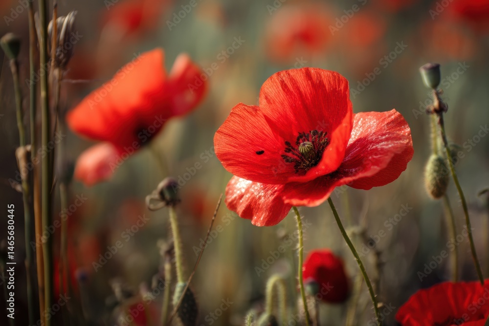 Obraz premium Bright Poppy Field With a Focused Insect Amidst Blurred Flowers Creating a Serene Nature Setting Generative AI