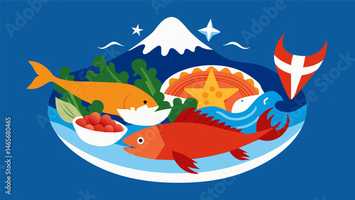 A harmonious union of sea and land as Chiles finest seafood comes together on one glorious platter.. Vector illustration