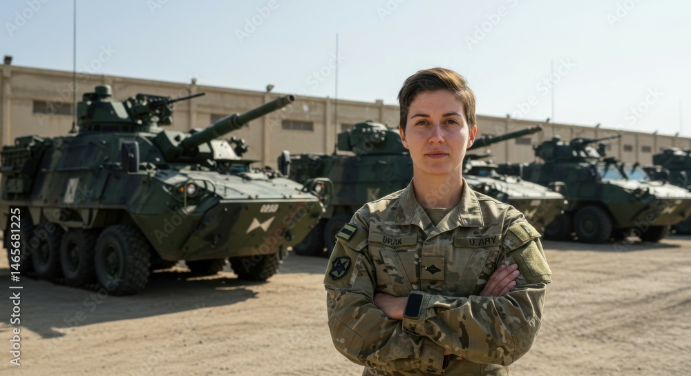 Fototapeta premium Confidence radiates from a servicewoman standing with crossed arms at the base's forefront.