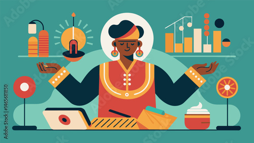 A composer incorporates data on cultural customs and rituals in their music creating a transcultural piece that resonates with audiences from different backgrounds.. Vector illustration