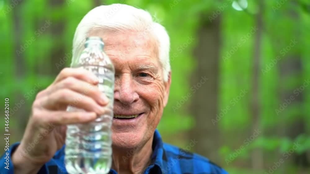 Happy senior man holds a water bottle to his face outdoors enjoying a refreshing moment in a lush green forest setting Happy senior man holds a water bottle to his face outdoors enjoying a refreshing moment in a lush green forest setting