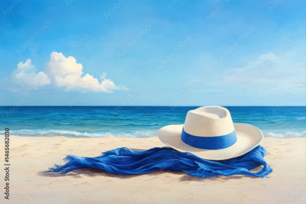 Obraz premium Hat and shawl on a beach with blue sea and sky for vacation, travel, and summer themes