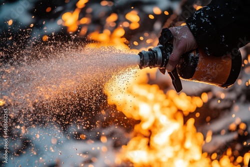 Close-up of a Hand Extinguishing a Fire with a Fire Extinguisher, Sparkling Water Spray, Firefighter Fighting the Flames