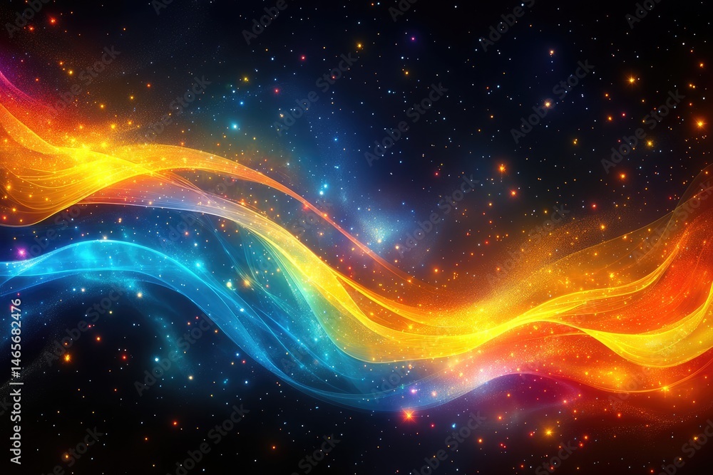 Fototapeta premium Vibrant cosmic waves of light against a dark starry background.