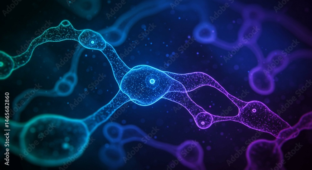 Microscopic Network Abstract Neural Cell Connections Glowing Blue and Purple Neuron Structure Microscopic Network Abstract Neural Cell Connections Glowing Blue and Purple Neuron Structure