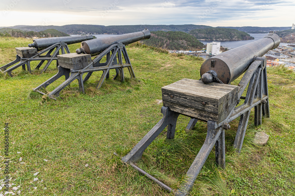 Cannons overlooking the harbor and town of Halden from Fredriksten Fortress.