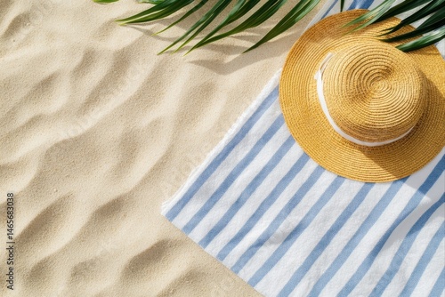 Beach scene with hat and towel on sand, summer vacation concept. use for travel blogs, tourism ads, and summer promotions.