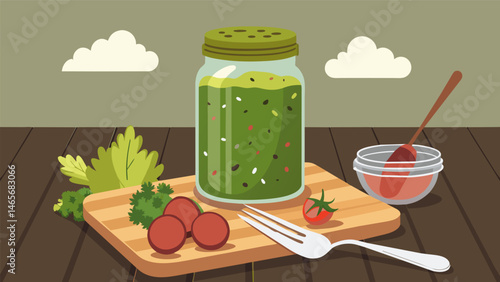 A jar of homemade chimichurri sits on a rustic wooden table alongside freshly grilled meats and vegetables ready to elevate any dish.. Vector illustration