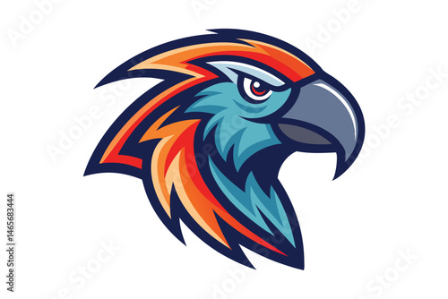 A striking macaw head with blue plumage and fire orange accents creates a dynamic emblem