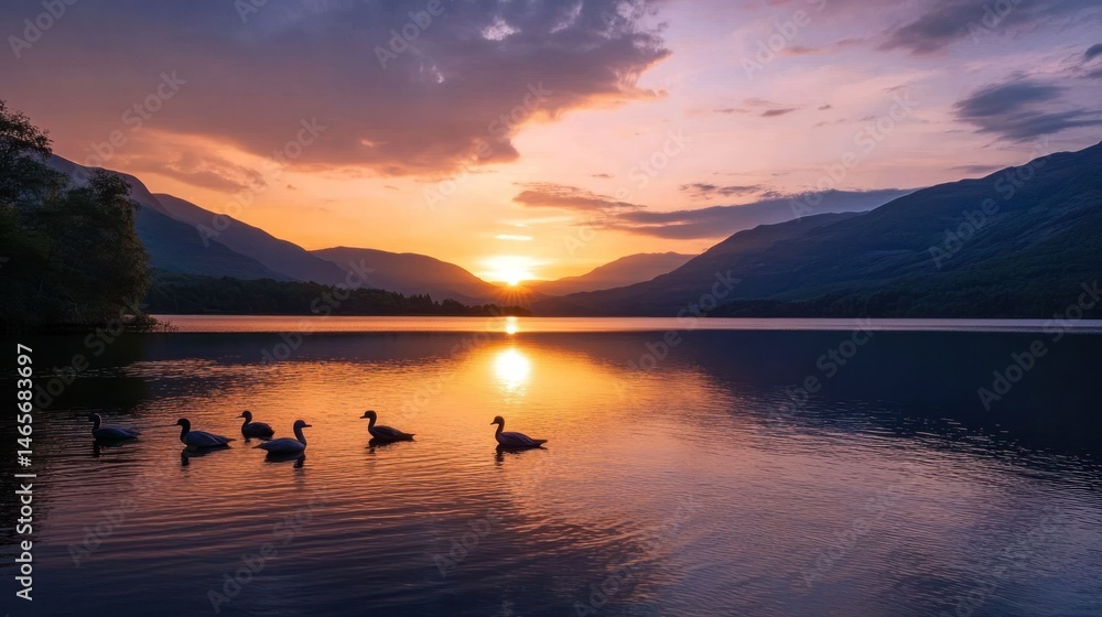 Serene sunset over a lake with waterfowl silhouettes. Serene sunset over a lake with waterfowl silhouettes.