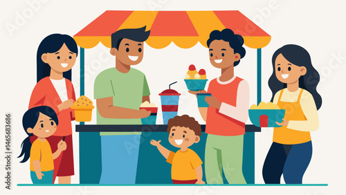 A family gathered around the acaraj vendors stall sharing stories and laughter while enjoying their favorite snacks together.. Vector illustration
