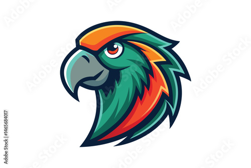 A colorful macaw head profile displays vibrant plumage and striking lines in an artful style