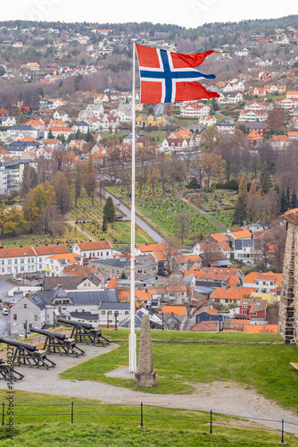 Norwegian flag flying at the historic Fredriksten Fortress.