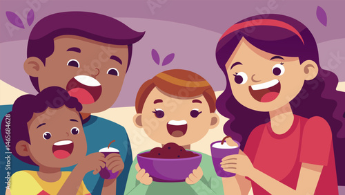 A childs face lighting up as they take their first bite of the luscious mazamorra morada surrounded by smiling family members who eagerly wait their turn.. Vector illustration