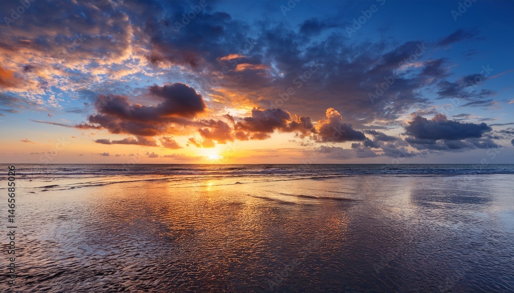 Obraz premium vibrant sunset over the ocean with dramatic clouds and reflections