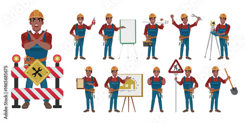 construction worker vector set with male different pose gestures