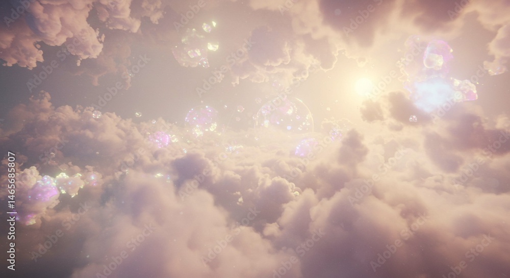 Fototapeta premium Dreamlike Cloudscape Iridescent Bubbles Floating Above Pastel Clouds at Sunrise