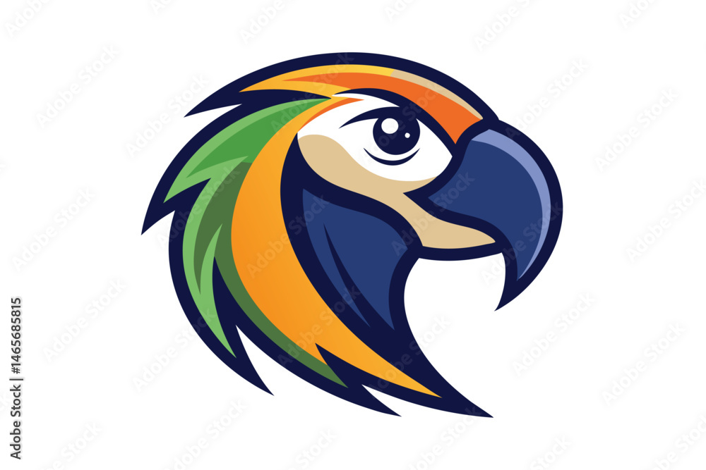 Obraz premium Colorful parrot face shows blue beak, orange and green feathers on clean white background