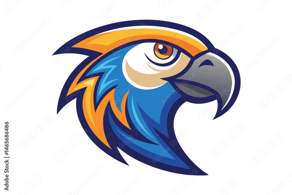 Obraz premium Stylized parrot head showing vibrant blues, oranges, and yellows against a plain background