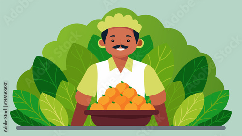 A street vendor proudly displays his assortment of coxinhas artfully arranged on a bed of bright green lettuce leaves to entice healthconscious customers.. Vector illustration