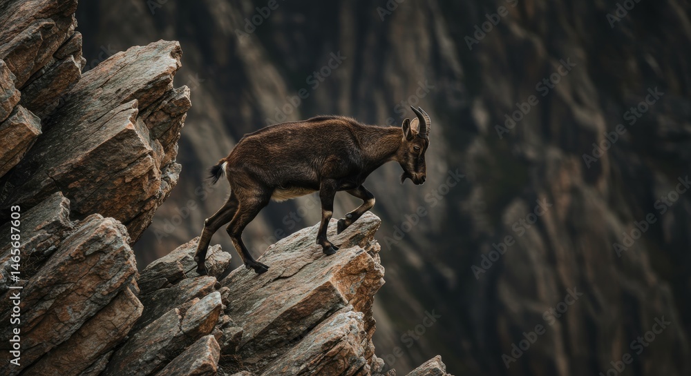 Naklejka premium Alpine Ibex majestically traversing rugged, rocky terrain on a mountain ridge