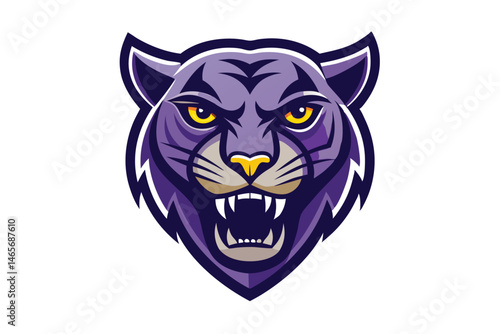 A stylized purple panther head snarls fiercely, its bright yellow eyes gleaming intensely on white