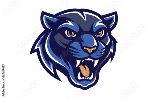 Cartoon panther head roars with sharp teeth in a vibrant blue and grey color scheme