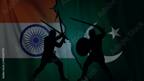 India Pakistan Conflict Silhouette with Swords and Flags , Pakistan vs India war , India vs Pakistan